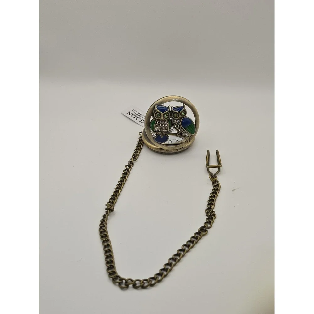 NIB 79004 Invicta Goldtone Owl Pocket Watch. Blue/Green Enamel, Crystals,Chain.